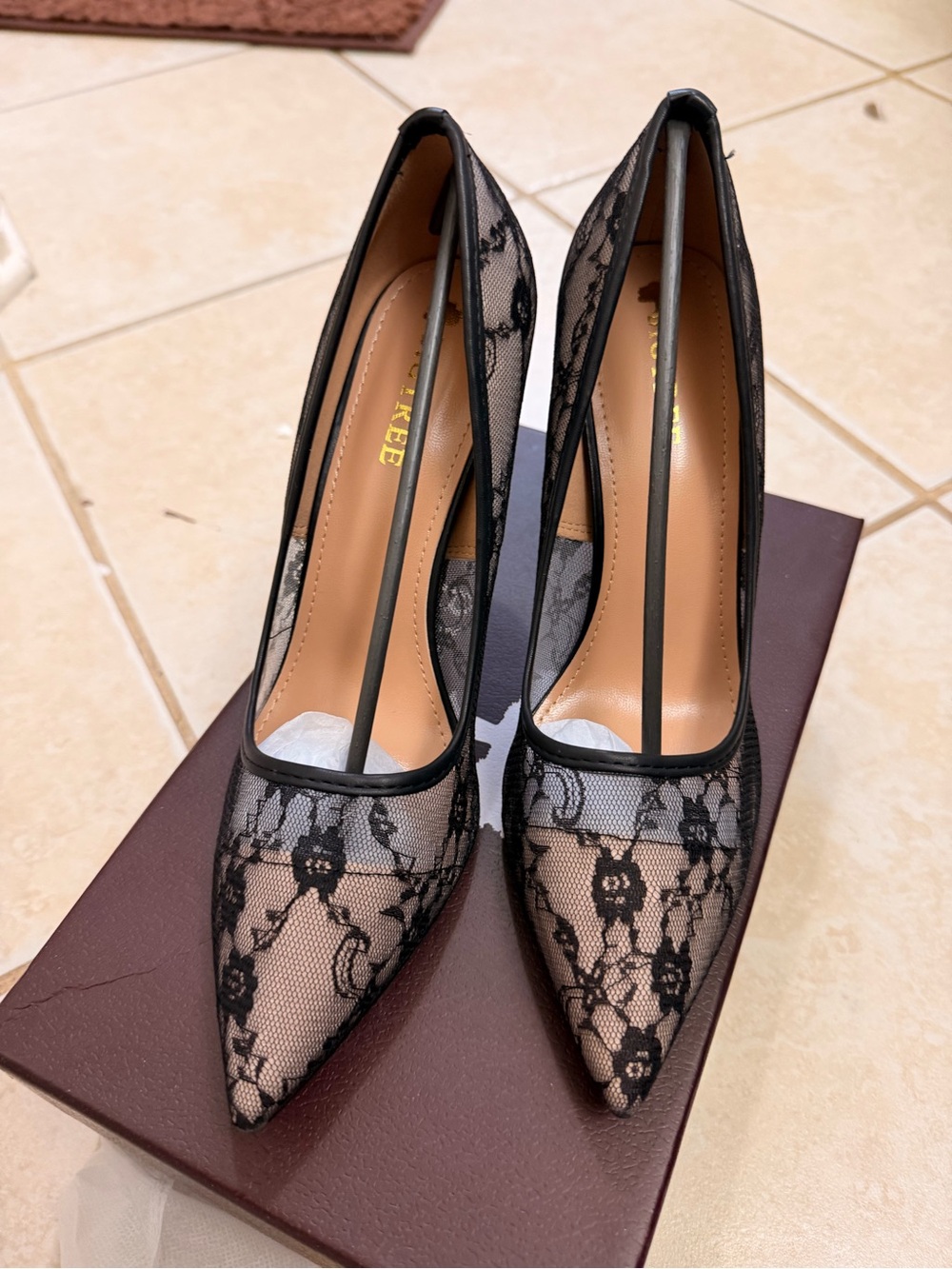 Black Lace Pointed-Toe Heels with Sheer Floral Overlay